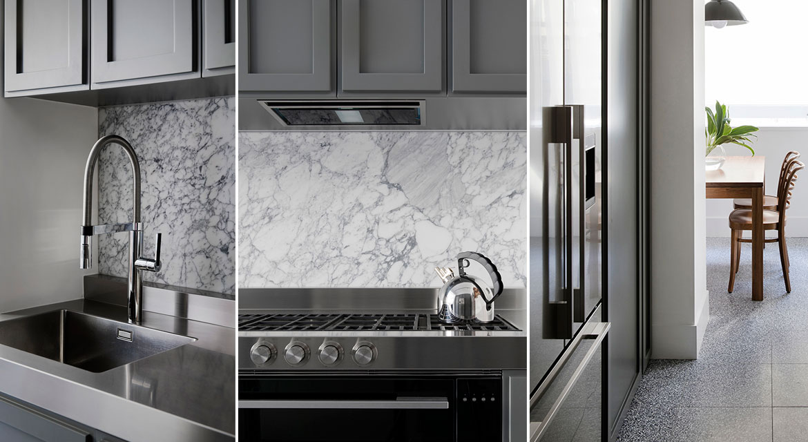 marble kitchen splashback and abundant storage